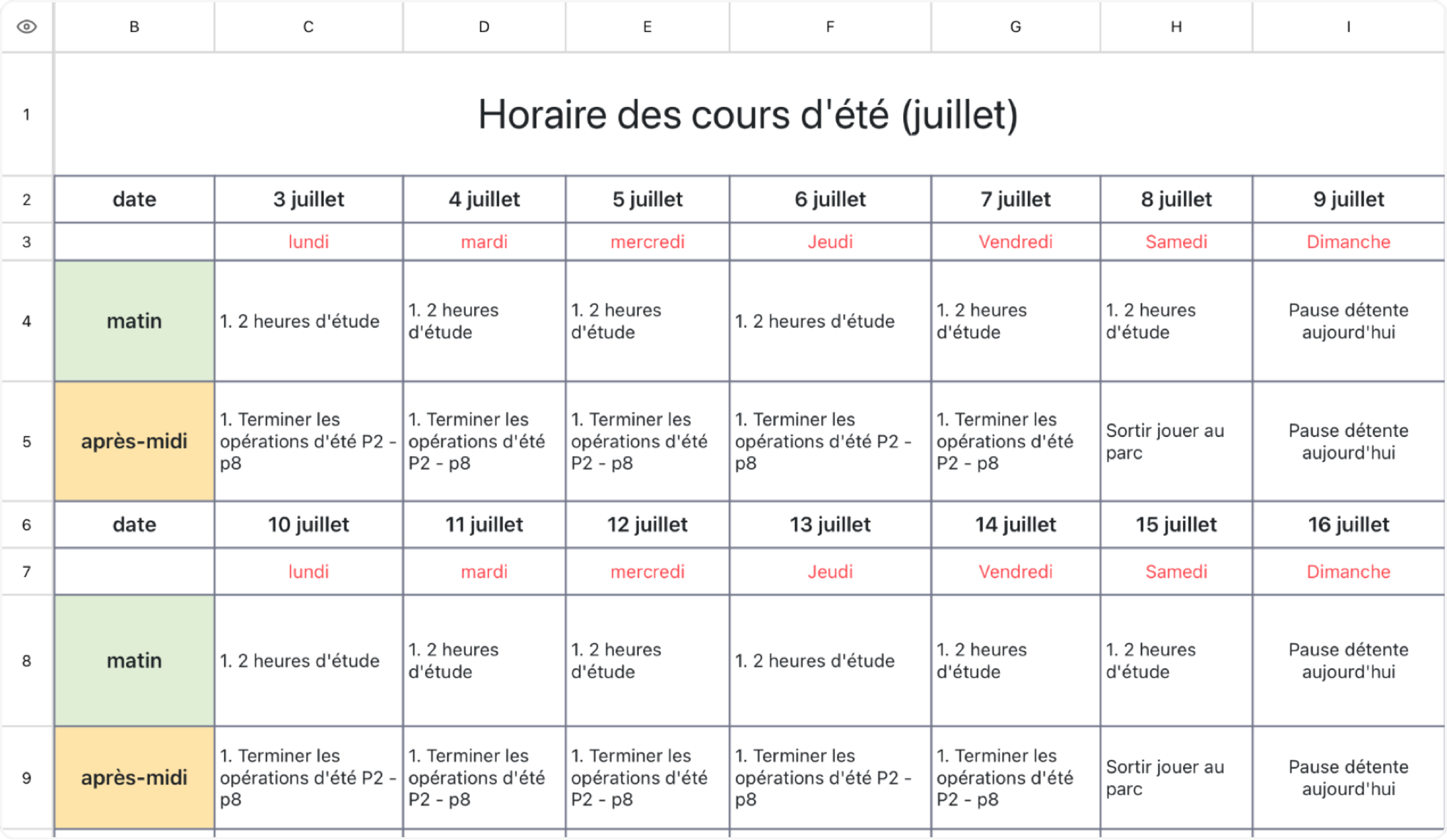 Horaire des cours d'été (juillet)